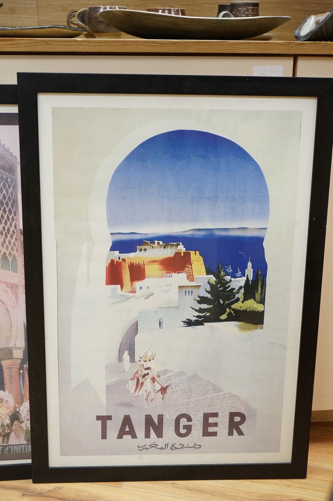 Three Contemporary printed posters to include Tanger and Meknes, in the Art Deco style together with a colour print of snooker players, largest 66 x 40cm